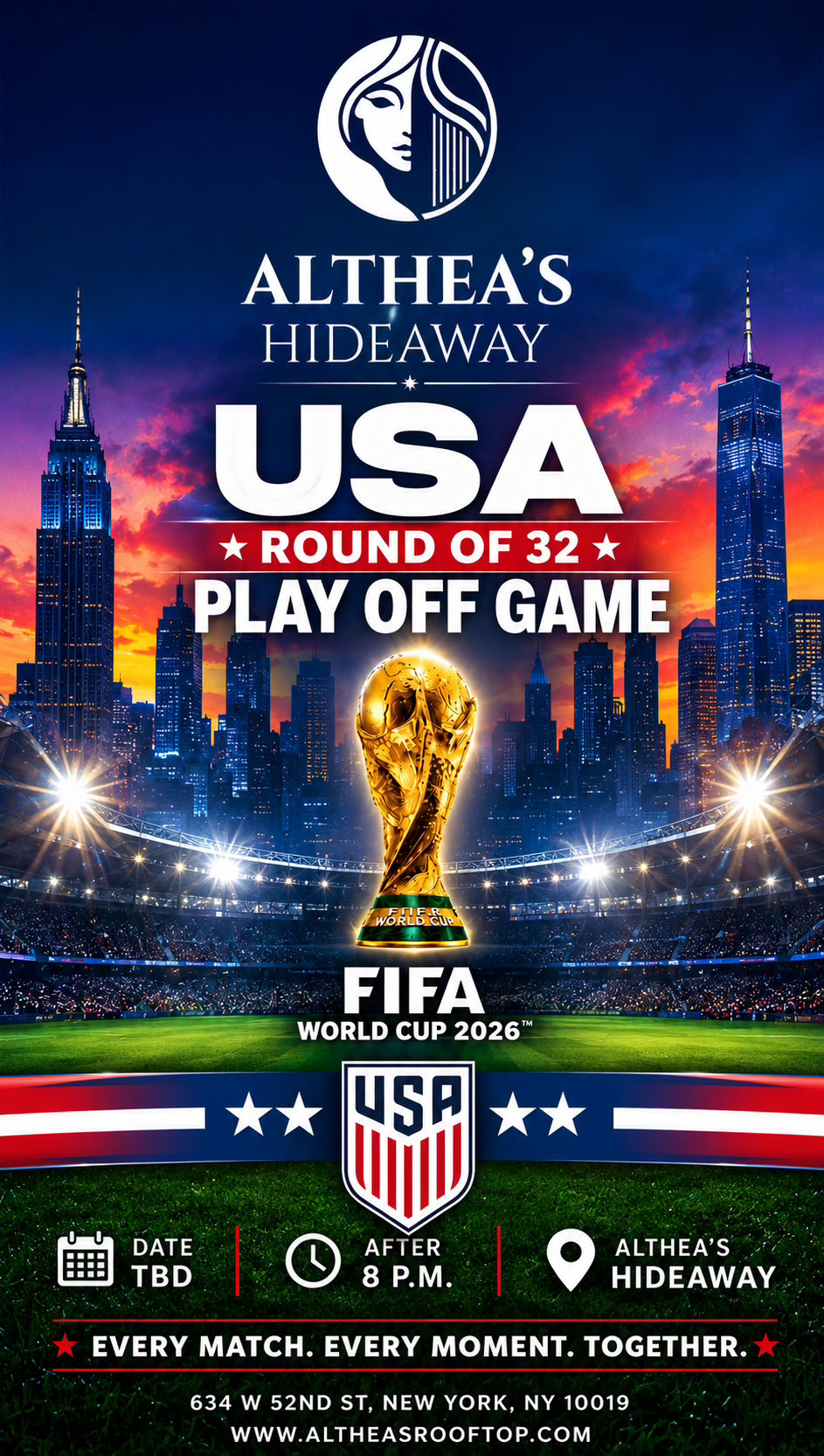World Cup 2026 Watch Party at Althea’s Hideaway Rooftop & Lounge NYC: USA PLAY OFF GAME flyer