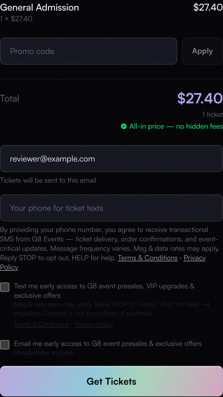 G8 Events guest checkout order panel showing the phone number field with the transactional SMS disclosure beneath it and the separate marketing SMS checkbox in its default unchecked state. (desktop capture from a 1280×900 CSS-pixel browser viewport)