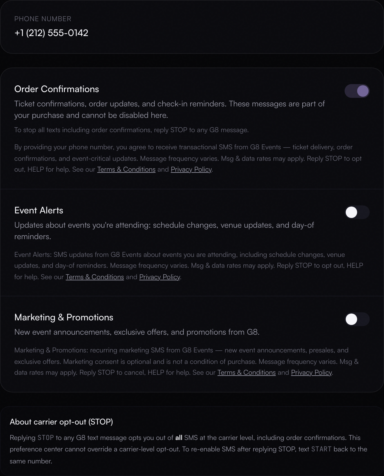 G8 Events SMS preference center showing the Event Alerts and Marketing and Promotions toggles in their default off state, each with its full adjacent disclosure, plus the carrier opt-out explanation. (desktop capture from a 1280×900 CSS-pixel browser viewport)