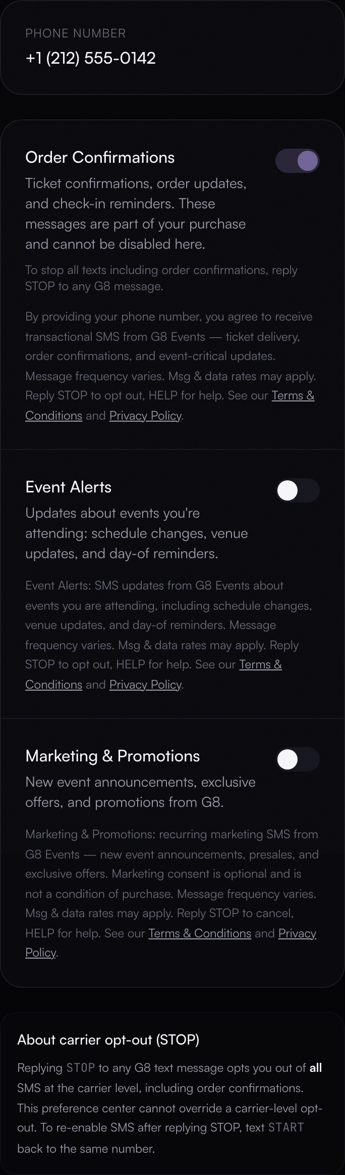 G8 Events SMS preference center showing the Event Alerts and Marketing and Promotions toggles in their default off state, each with its full adjacent disclosure, plus the carrier opt-out explanation. (mobile capture from a 390×844 CSS-pixel browser viewport)