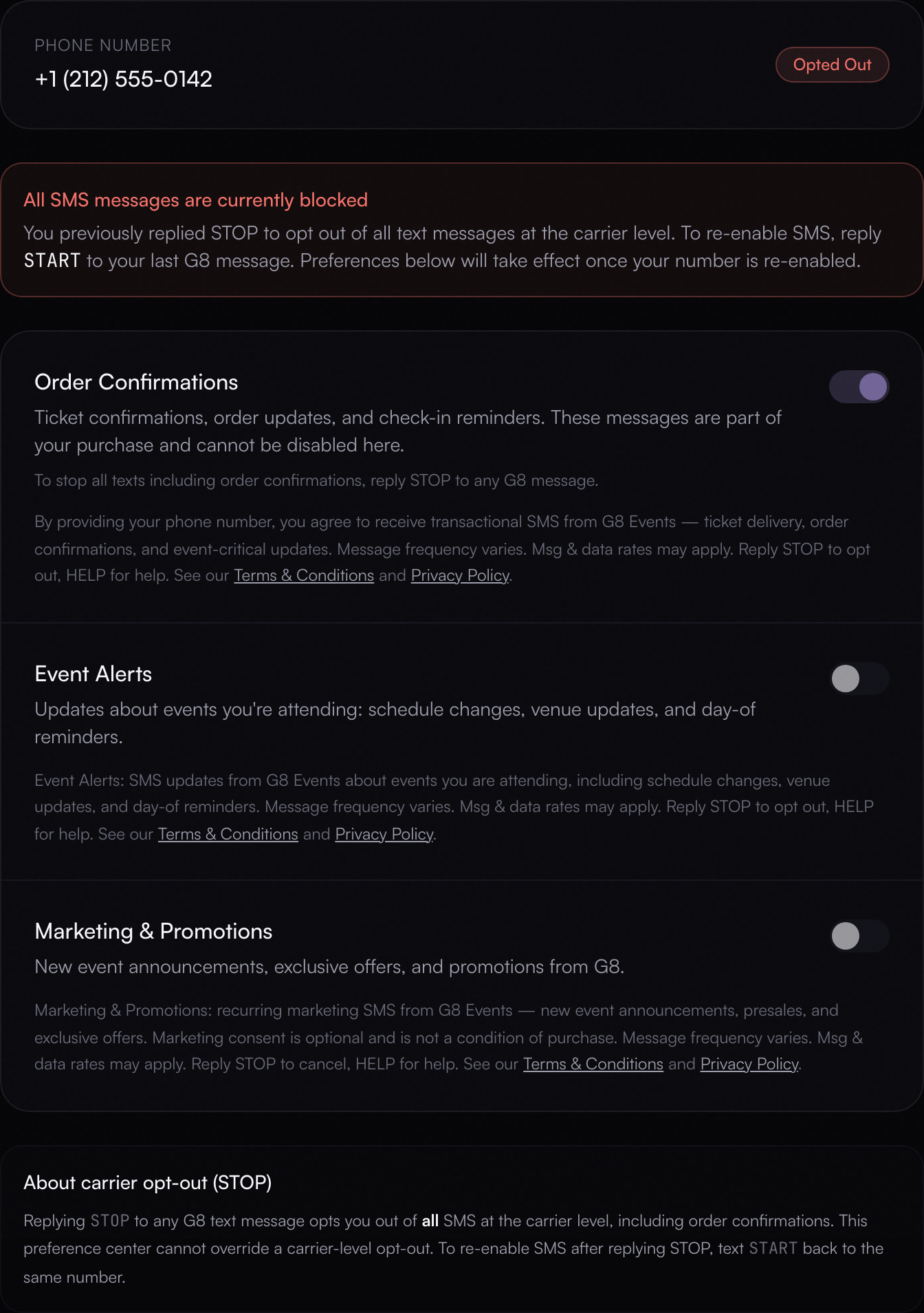 G8 Events SMS preference center showing the Event Alerts and Marketing and Promotions toggles in their default off state, each with its full adjacent disclosure, plus the carrier opt-out explanation. (desktop capture from a 1280×900 CSS-pixel browser viewport)