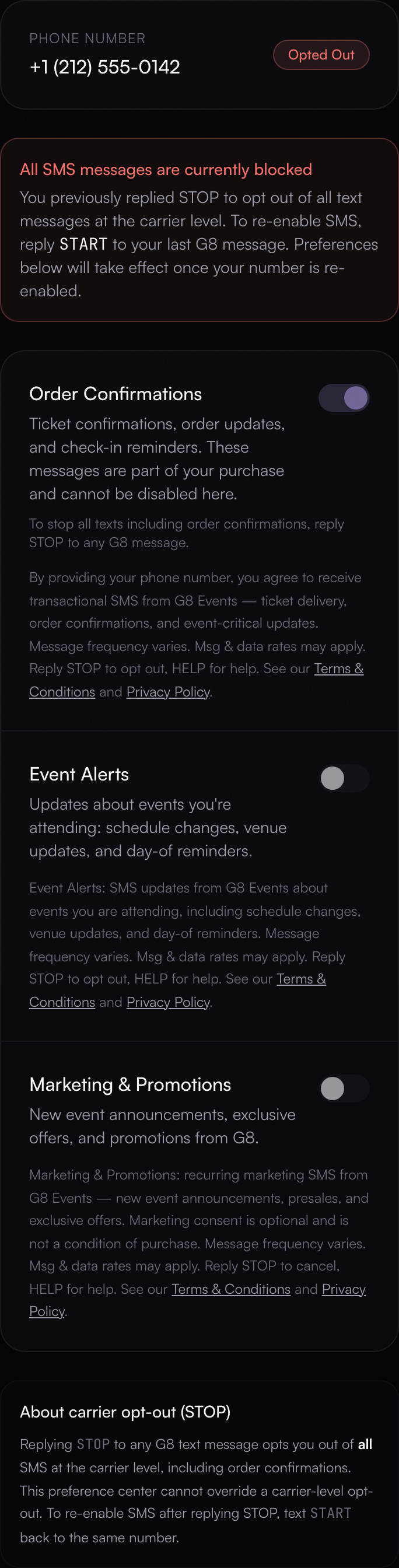 G8 Events SMS preference center showing the Event Alerts and Marketing and Promotions toggles in their default off state, each with its full adjacent disclosure, plus the carrier opt-out explanation. (mobile capture from a 390×844 CSS-pixel browser viewport)