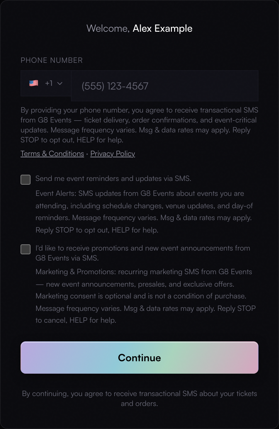 G8 Events profile completion form showing the phone number field with the transactional disclosure and the separate event-alert and marketing SMS checkboxes, both unchecked. (desktop capture from a 1280×900 CSS-pixel browser viewport)