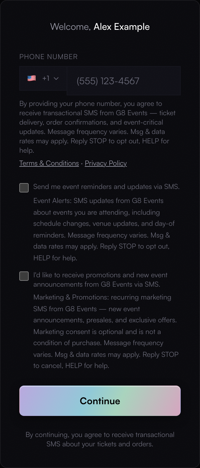 G8 Events profile completion form showing the phone number field with the transactional disclosure and the separate event-alert and marketing SMS checkboxes, both unchecked. (mobile capture from a 390×844 CSS-pixel browser viewport)