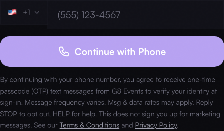 G8 Events sign-in page showing the phone number field, the Continue with Phone button, and the adjacent one-time passcode SMS disclosure naming the brand, message frequency, rates, and STOP/HELP. (desktop capture from a 1280×900 CSS-pixel browser viewport)