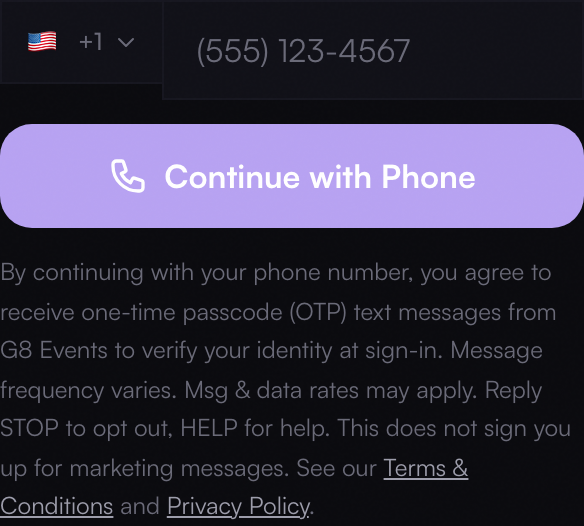 G8 Events sign-in page showing the phone number field, the Continue with Phone button, and the adjacent one-time passcode SMS disclosure naming the brand, message frequency, rates, and STOP/HELP. (mobile capture from a 390×844 CSS-pixel browser viewport)