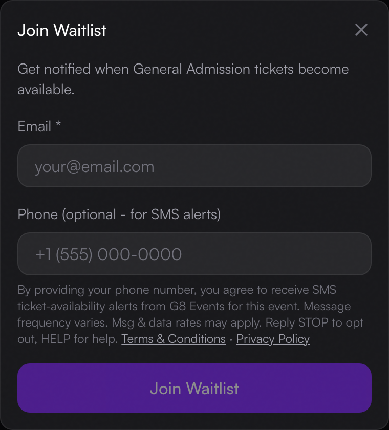 G8 Events sold-out event waitlist form showing the optional phone number field with the event-specific SMS ticket-availability alert disclosure directly beneath it. (desktop capture from a 1280×900 CSS-pixel browser viewport)