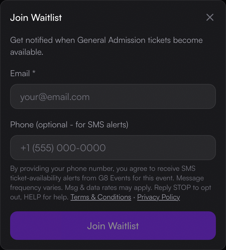 G8 Events sold-out event waitlist form showing the optional phone number field with the event-specific SMS ticket-availability alert disclosure directly beneath it. (mobile capture from a 390×844 CSS-pixel browser viewport)
